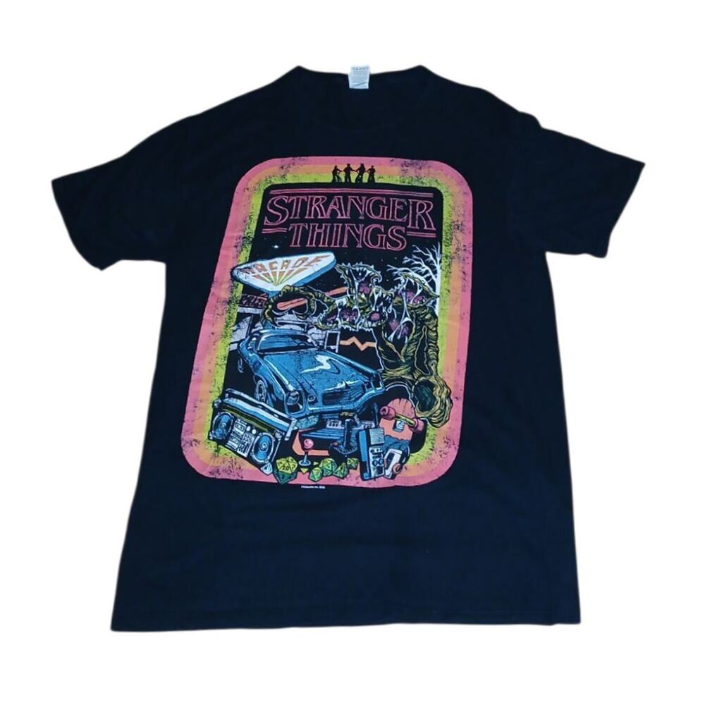 Stranger Things Retro Mens M T-Shirt Crew Black Multicolor Graphic Print Arcade
